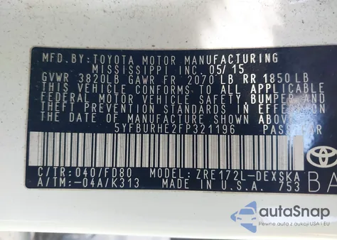 2015 Toyota Corolla S Plus z USA, uszkodzony, nr VIN 5YFBURHE2FP321196